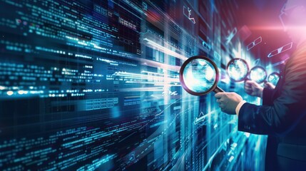 conceptual digital art piece showing the process of financial due diligence, visualized as detectives with magnifying glasses examining digital documents