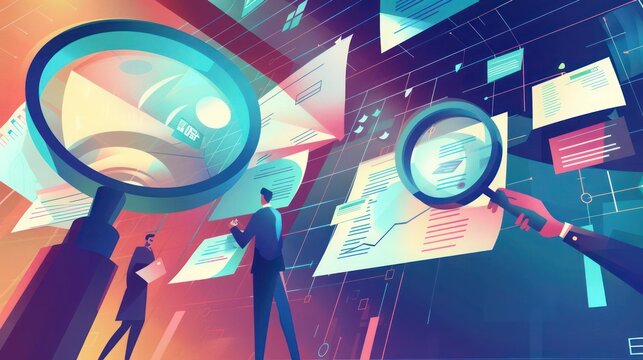 conceptual digital art piece showing the process of financial due diligence, visualized as detectives with magnifying glasses examining digital documents