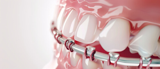 A close-up of teeth wearing braces showcases the detailed and intricate work of orthodontic care.