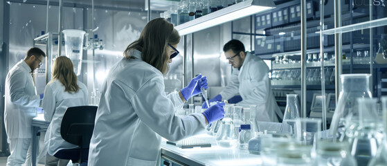 Scientists in white lab coats working diligently in a modern laboratory, conducting experiments and research.
