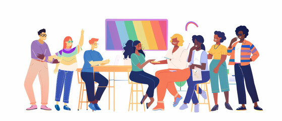 A diverse group of people engage in lively discussion, seated and standing, set against a background with a rainbow flag painting.