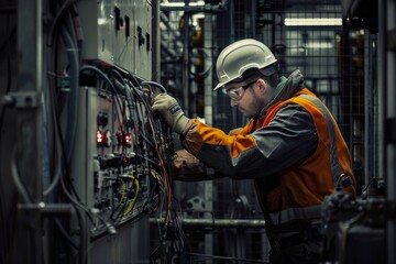 Electrician in protective gear working on electrical panel in industrial setting, focus, hardwork concept