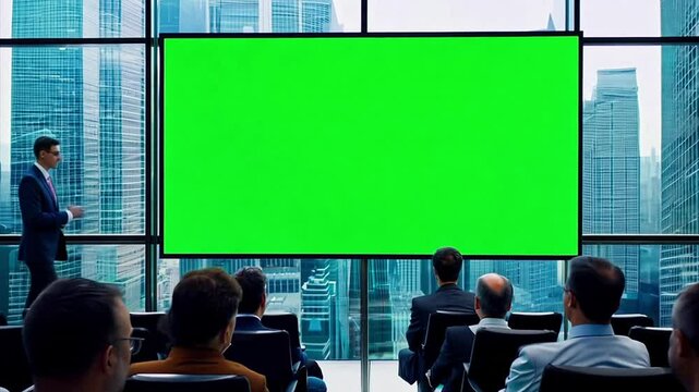 Crane shot pulling back from business man giving a presentation to an audience in front of a huge chroma green screen mounted up on windows with a view out to the city during the day. 