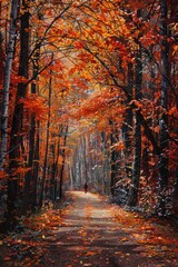 Obraz premium Person walking on a path surrounded by vibrant fall foliage