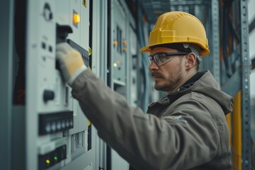 Technician working on control panel in safety gear electrical engineering concept