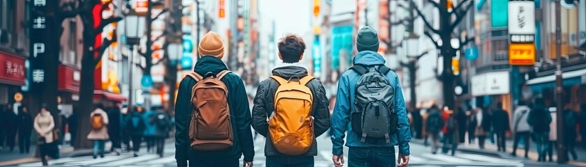 Group of three friends with backpacks walking in busy urban street filled with people, shops, and vibrant lights