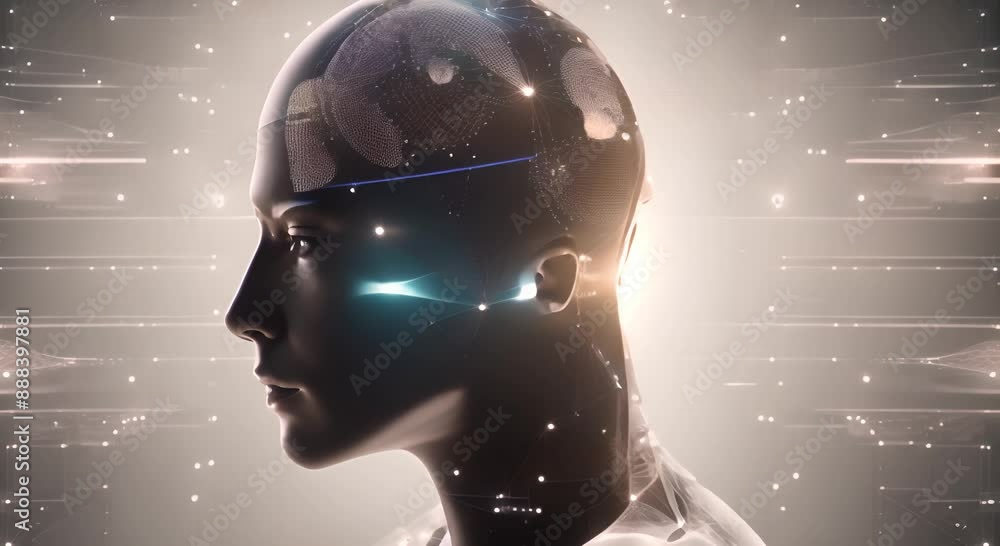 Aufkleber a graphic visualisation of a human head overlaid with digital data and network symbols indicating ar