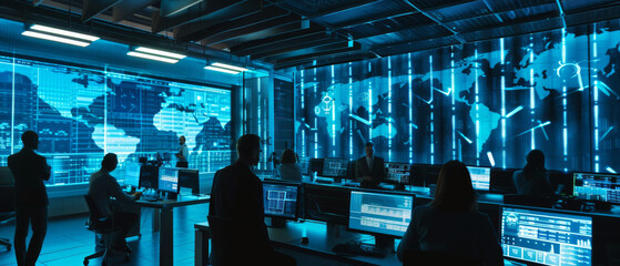 A high-tech control room with large digital world maps on screens, filled with operators managing global data and communication.
