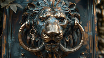 Diamond door knocker with a lion head and a ring on its jaw for use at home gates