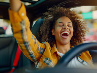 Joyful Afro-American woman celebrating successful car purchase, sitting inside new vehicle, raising fist in YES gesture, shouting with joy