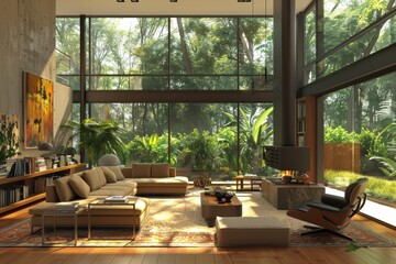 Fototapeta premium Spacious living room with large windows overlooking nature