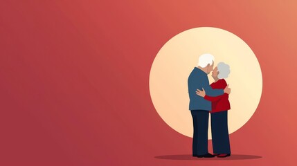Illustration of an elderly couple embracing against a vibrant sunset background, symbolizing love, companionship, and lifelong commitment.