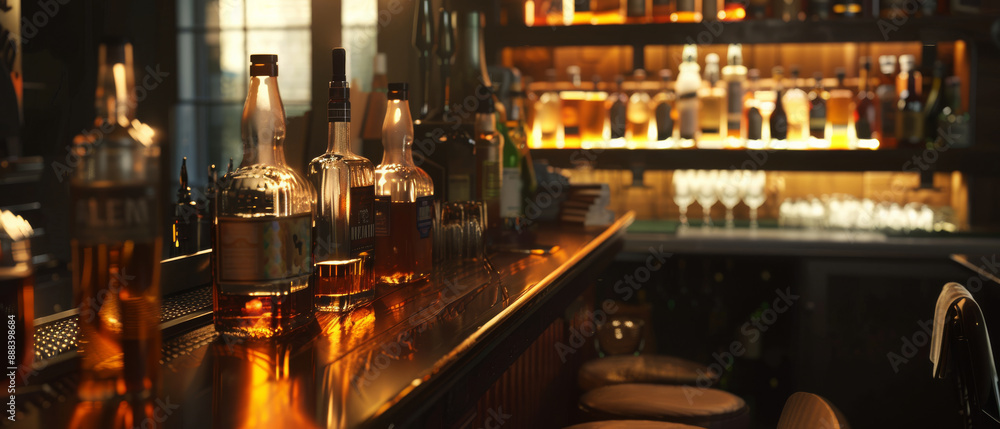 Poster a cozy, atmospheric bar lined with bottles on shelves and a warmly lit counter, suggesting a comfort