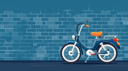Fototapeta premium Illustration of a blue bicycle with an orange saddle parked in front of a blue brick wall, perfect for urban and retro-themed designs.