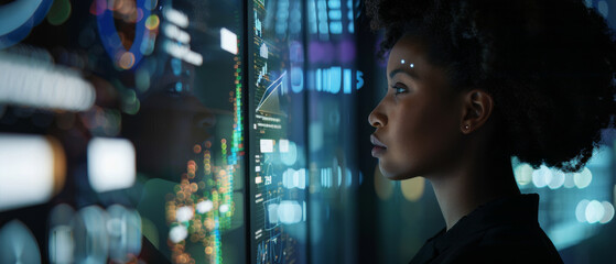 A woman gazes at an illuminated high-tech display, immersed in data and futuristic elements, representing technology and focus in a sleek environment.