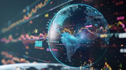 Detailed 3D model of global market trends affecting a corporation's strategy, visualized as weather patterns over a digital globe