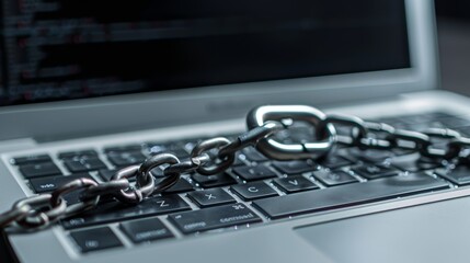 Close-up of a chained laptop, symbolizing information security, data safety, and cyber protection