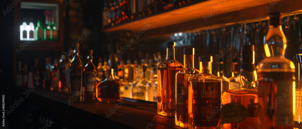 Poster A dark, ambient bar scene showcasing a stunning array of various liquor bottles illuminated by warm, golden lighting, creating a cozy and inviting atmosphere.