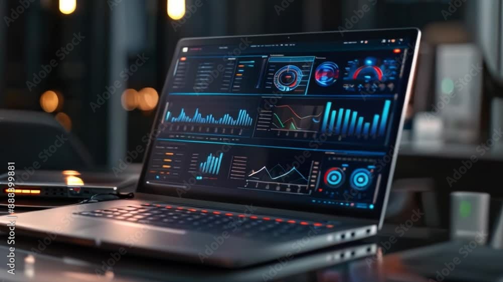 Poster a laptop displaying data analytics graphs and charts on a dark blue screen. the laptop is on a desk 