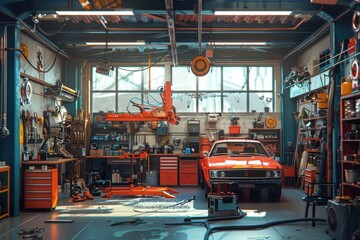 Naklejka premium Classic red car parked inside auto repair shop waiting for mechanic