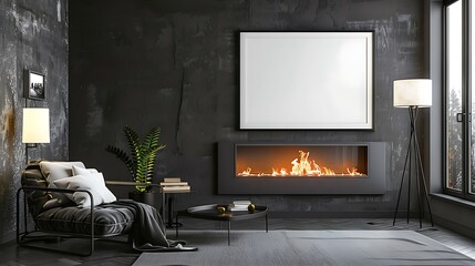 Frame mockup in modern loft interior with burning fireplace