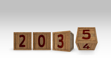 Happy New Year 2035 graphic. Hand flip 2034 to 2035 block.