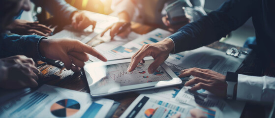 Colleagues' hands pointing at graphs and charts on a tablet during a collaborative meeting, embodying teamwork and data analysis.