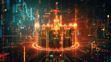 conceptual image of financial security represented by a digital fortress surrounded by numbers and financial symbols