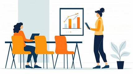 Illustration of two women in a meeting discussing business growth, with a chart on the wall. One is seated, the other stands with a tablet.