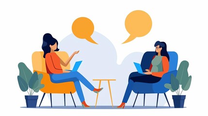 Illustration of two women having a conversation while sitting in chairs with laptops and speech bubbles. Concept of communication and interaction.