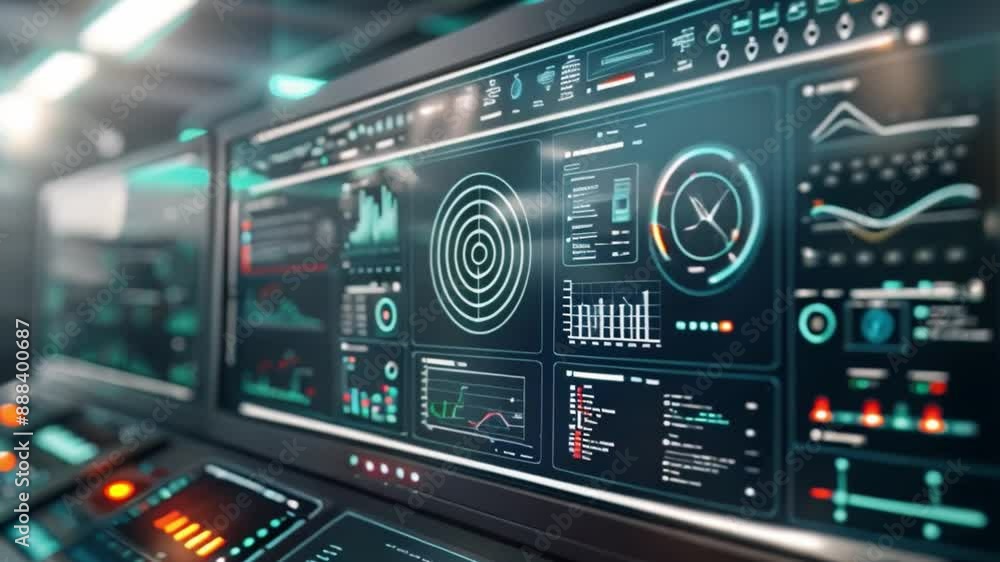 Poster a digital dashboard screen shows data visualizations, graphs, and charts in a modern and visually ap