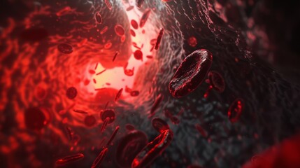 Fototapeta premium Blood cells traveling through a blood vessel, shown in a 3D illustration.
