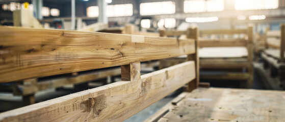 Sunlight streams into a spacious lumber workshop, illuminating neatly stacked wooden planks and work tables.