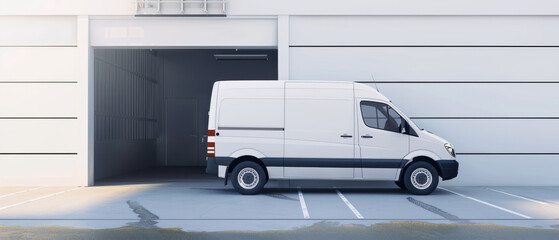 Fototapeta premium A clean, white delivery van is parked outside a minimalist white building, ready for transport or service delivery.