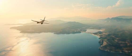 An airplane flying over a vast expanse of ocean and mountainous landscape during a scenic sunrise.