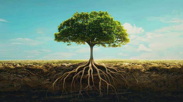 conceptual piece on corporate financial health, visualized as a robust tree with roots symbolizing strong financial foundations