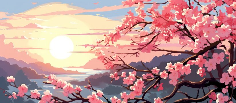 Cherry Blossom Sunset Landscape