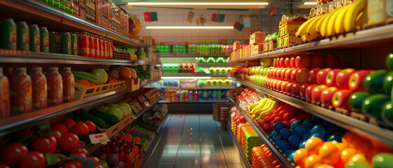 Naklejka premium A warm-lit supermarket aisle showcasing an array of vividly colored fruits and vegetables, neatly displayed and inviting.