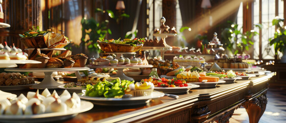 A grand banquet table in a lavish setting, glowing in soft morning light, is adorned with diverse, delicious dishes, showcasing an array of flavors and colors.