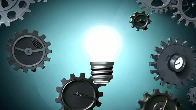 Glowing Light Bulb and Cogwheel Gears. Engineering Mechanism, Copy Space, Intelligence and Creative Power