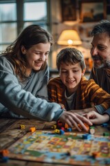 Fototapeta premium Happy family playing board game at home having fun