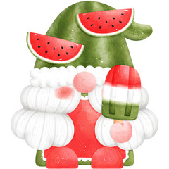 Watercolor Watermelon Gnome Holding Watermelon Popsicle Illustration Isolated on Transparent Background