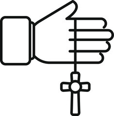 Line art icon of a hand holding a cross necklace, symbolizing faith and spirituality