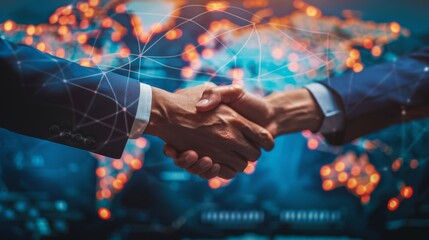 Business professionals shake hands to seal a deal or partnership, representing success and collaboration. This image captures the moment of agreement between two companies, symbolizing financial growt