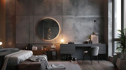 Gray modern bedroom with dressing table