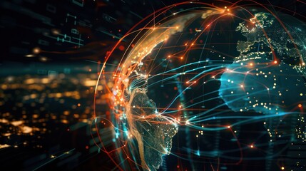 digital artwork visualizing the flow of international capital, depicted as glowing currents connecting different continents on a dark, high-tech globe