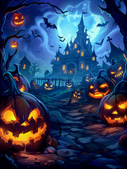 Fototapeta premium A Halloween scene with a castle and many pumpkins. Scene is spooky and eerie