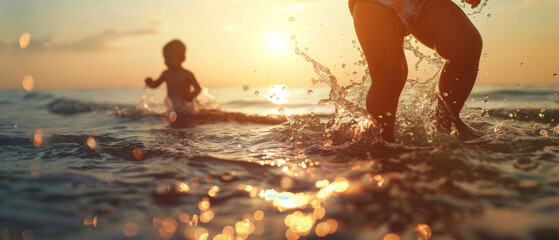 Fototapeta premium Children play gleefully in the shallow ocean waters at sunset, splashing and enjoying a carefree moment under the soft golden light.