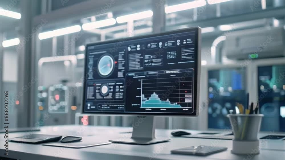Poster a modern computer workstation with a large monitor displaying data analysis charts and graphs. the d