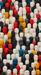 Obraz premium A highresolution harmonious photo of diverse people figurines blended into a colorful mosaic each face detailed to show unity against a simple elegant backdrop